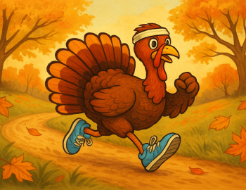 Illustrated image of a turkey running along a trail for a turkey trot race