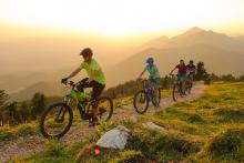family mountain biking together on a sunny day