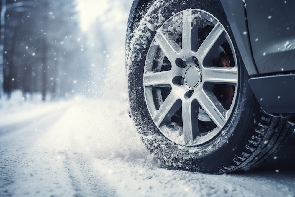 Close up of car tires in snow