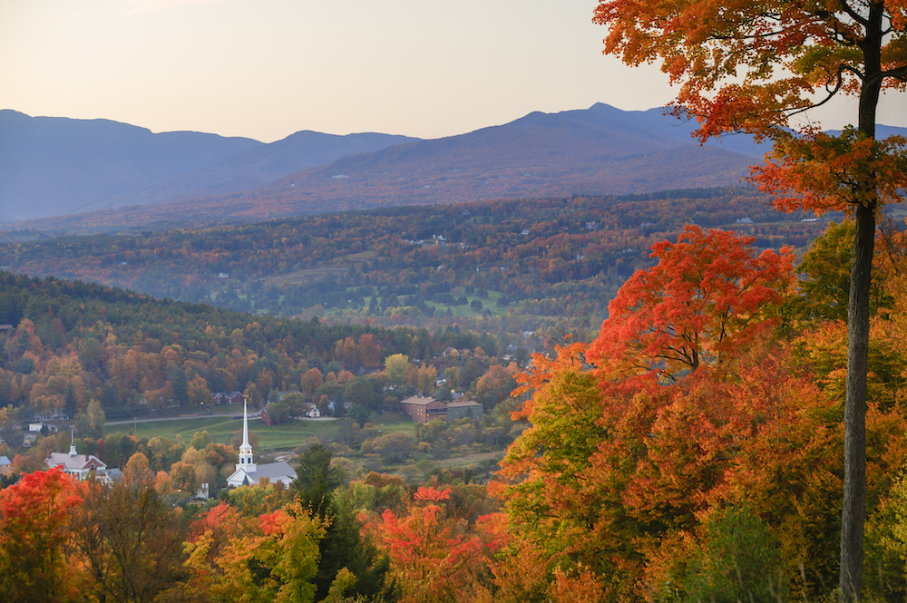 view of church in Stowe, VT. during fall 